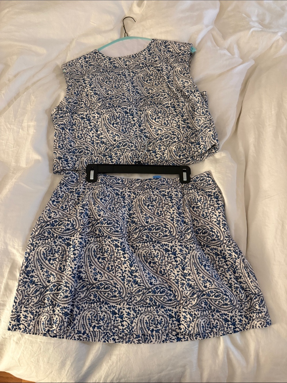 Blue and White Paisley Crop Top and Skirt Set